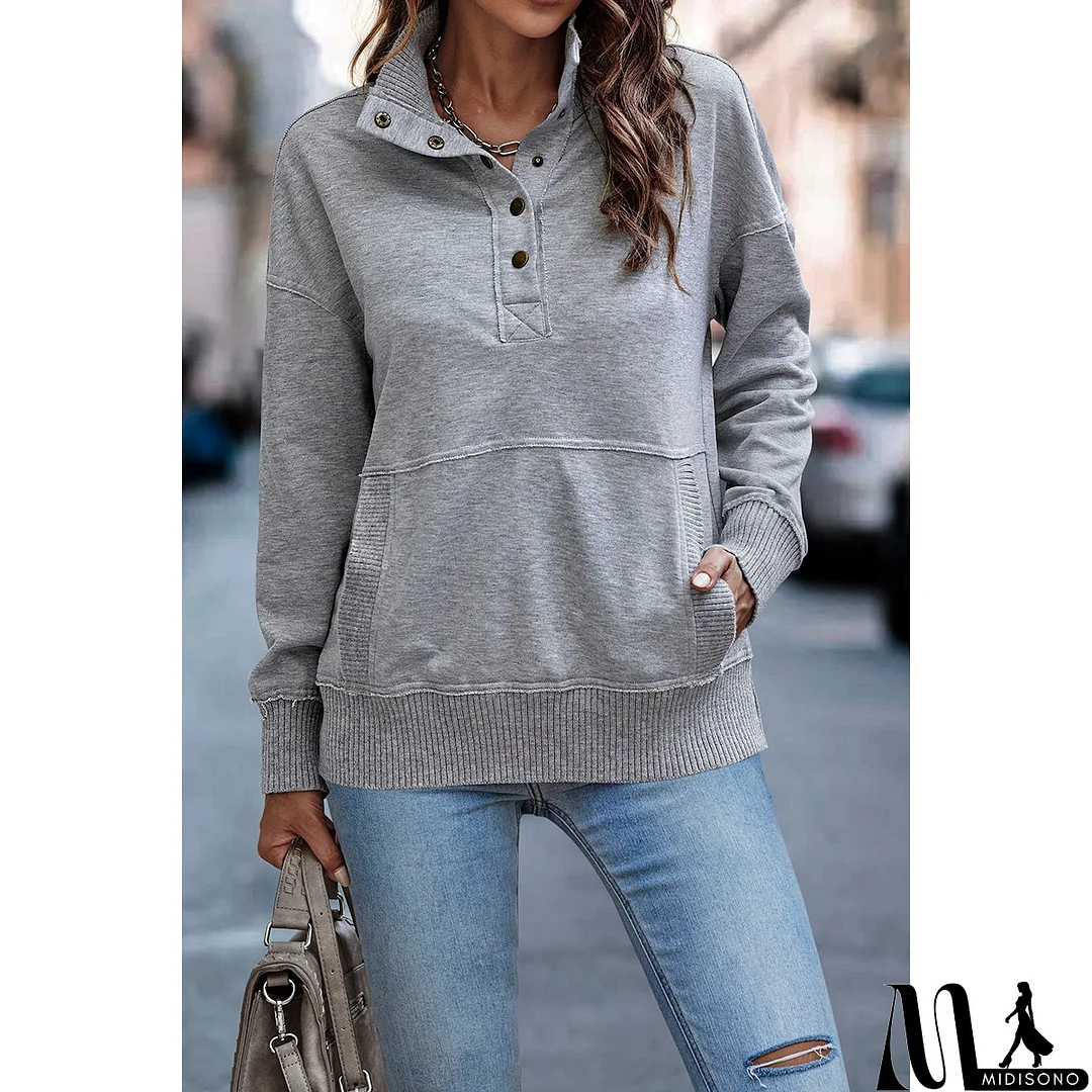 MidiSono - Chic Collared Block Button-Up Sweater