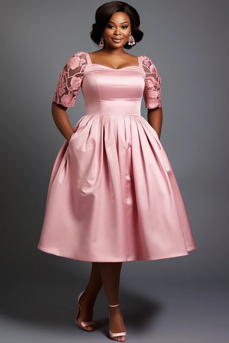 Xpluswear Design Plus Size Wedding Guest Pink Elegant Square Neck Half Sleeve Pocket See Through Lace Satin Midi Dresses [Pre-Order] 2024 - Xpluswear
