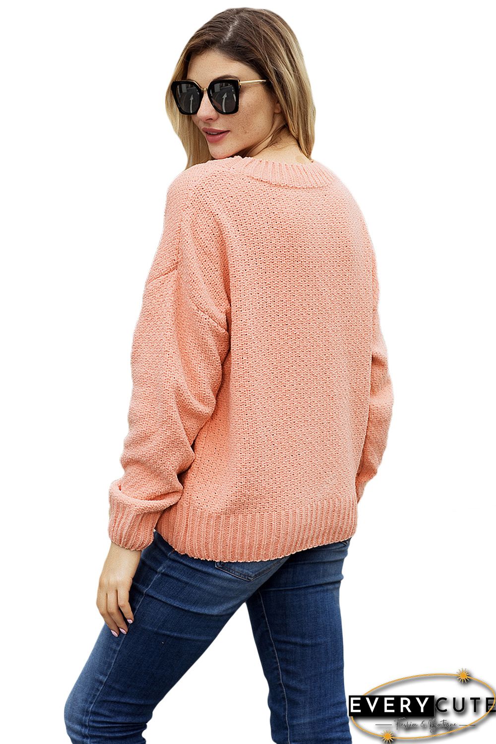 Pink Reversible Velvet O Neck Sweater