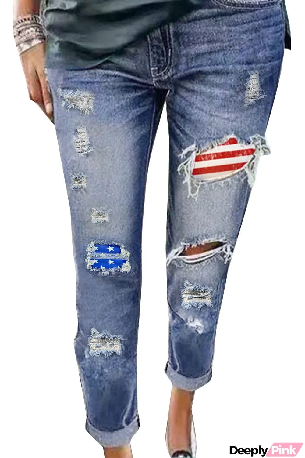 Vintage Stripes and Stars Patches Ripped Jeans