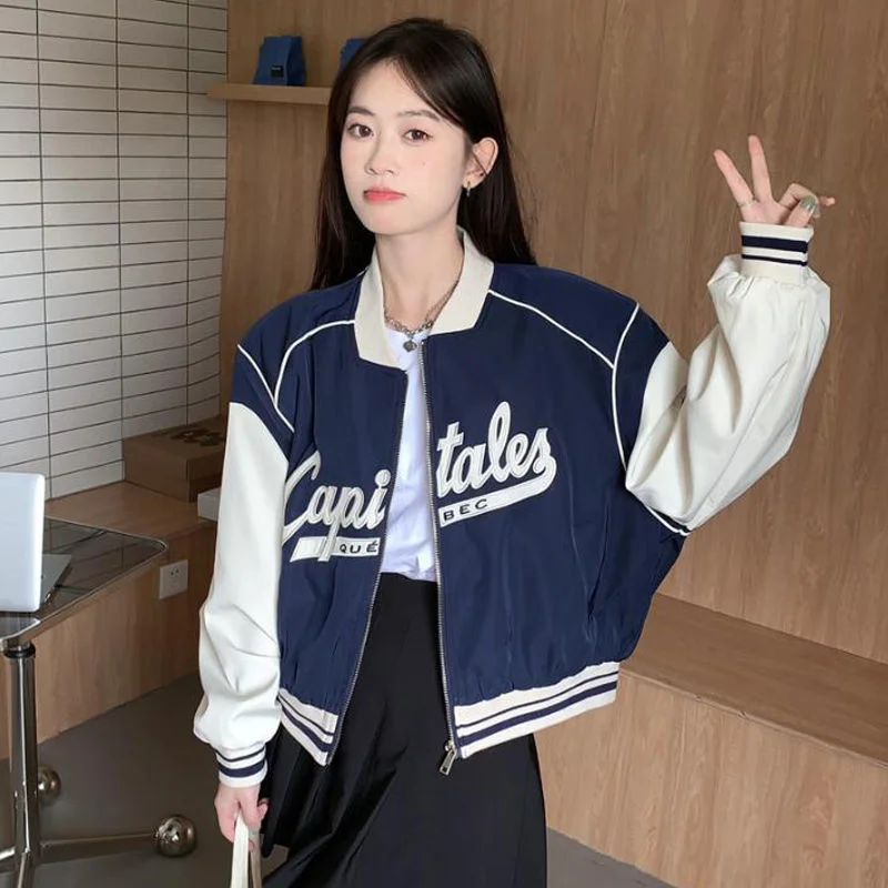 Huibahe Harajuku Fashion Cropped Baseball Jacket Women Oversized Zipper Korean Streetwear Short Varsity Jackets Y2k Bomber Coat