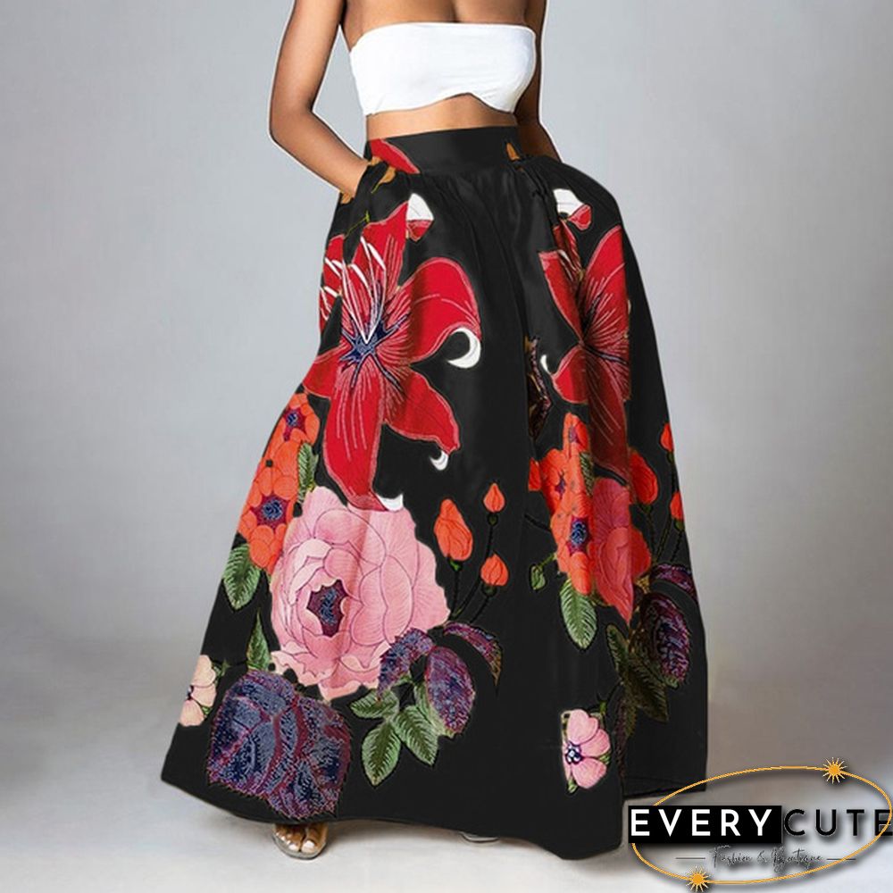 Elegant Elastic High Waist Pockets Umbrella Skirt Women Flower Print Party Maxi Skirts