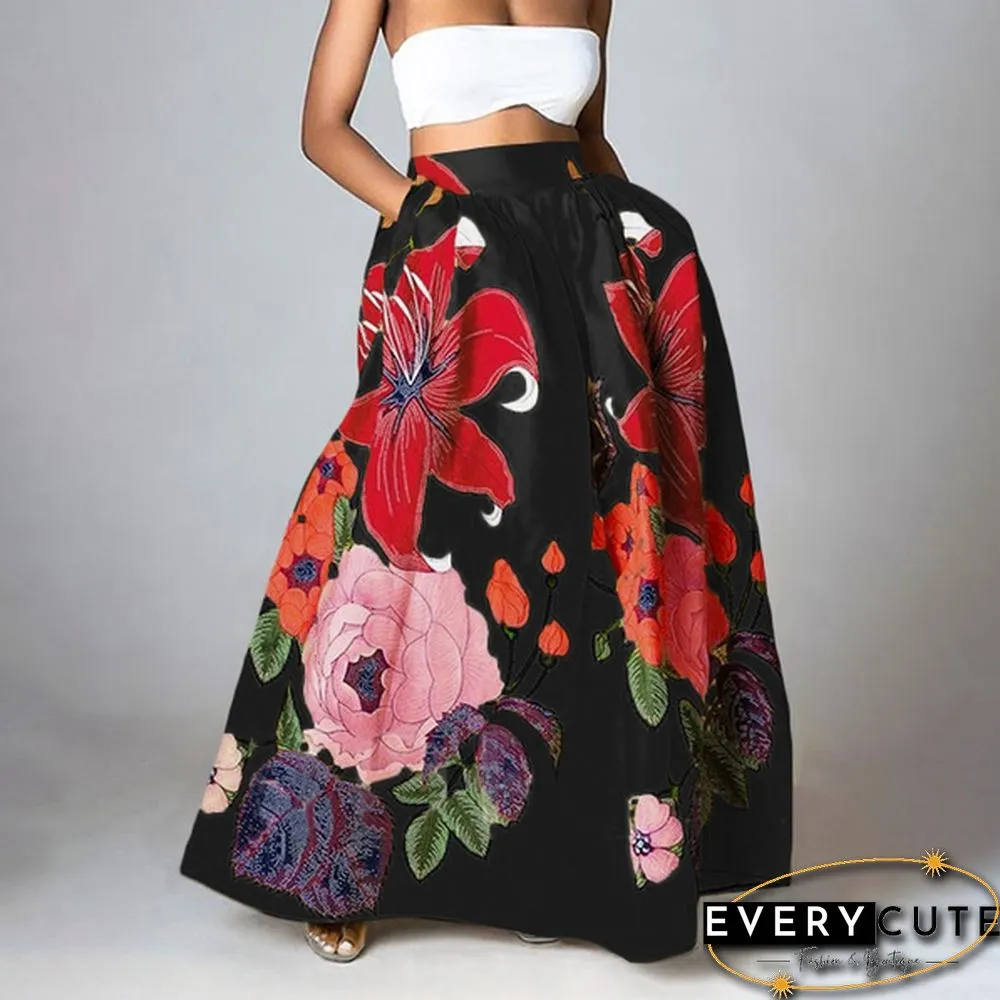 Elegant Elastic High Waist Pockets Umbrella Skirt Women Flower Print Party Maxi Skirts