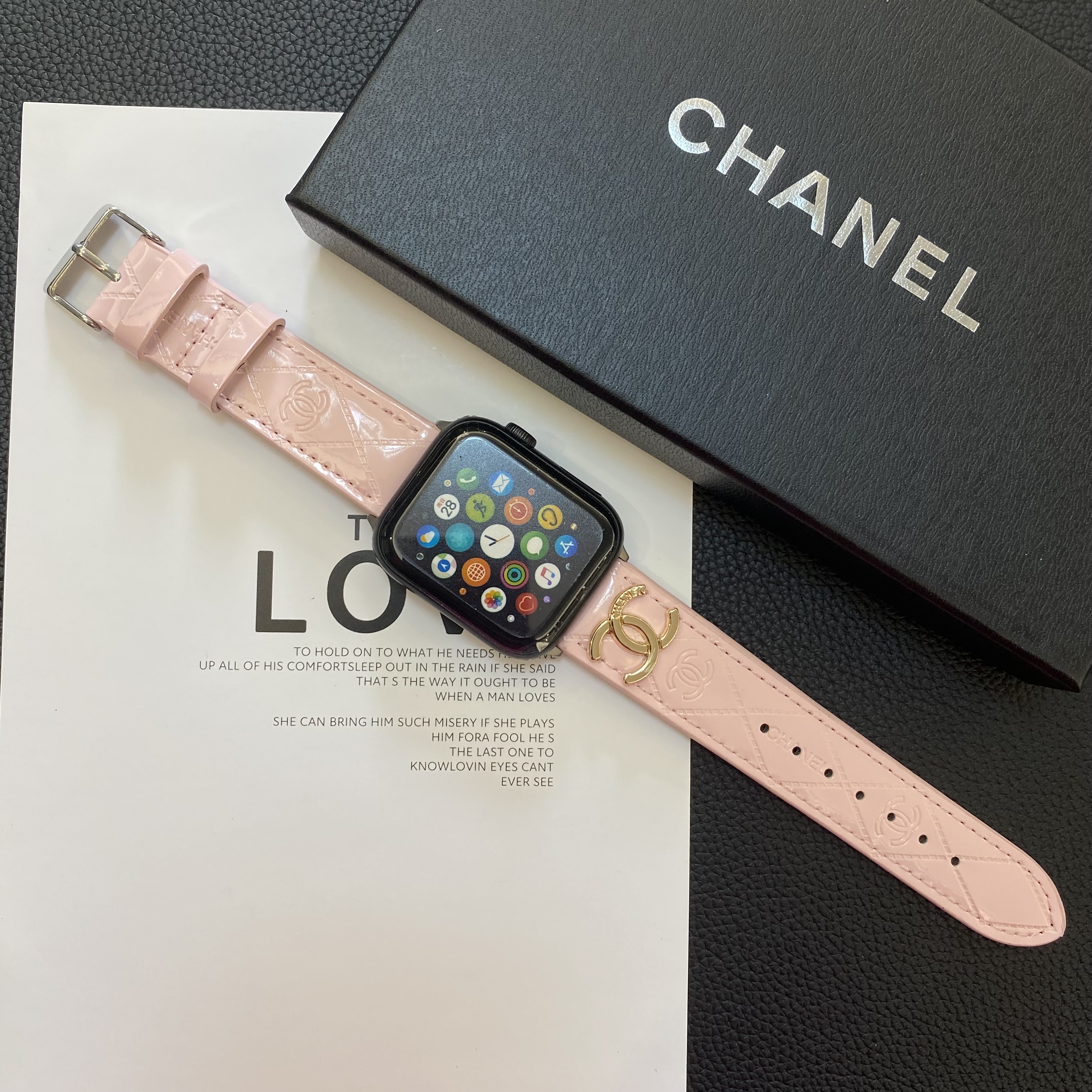 Chanel Glossy Leather Apple Watch Strap Luxury Metal Logo
