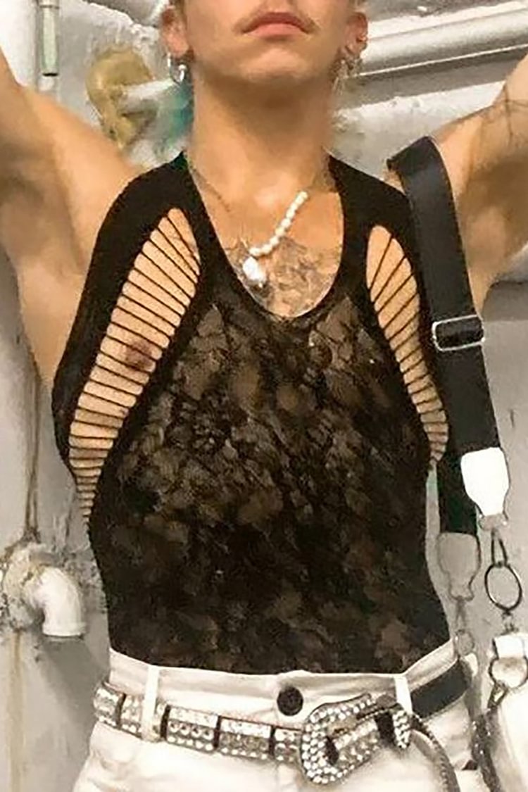 Men's See Through Floral Sheer Lace Hollow Out Tank Top
