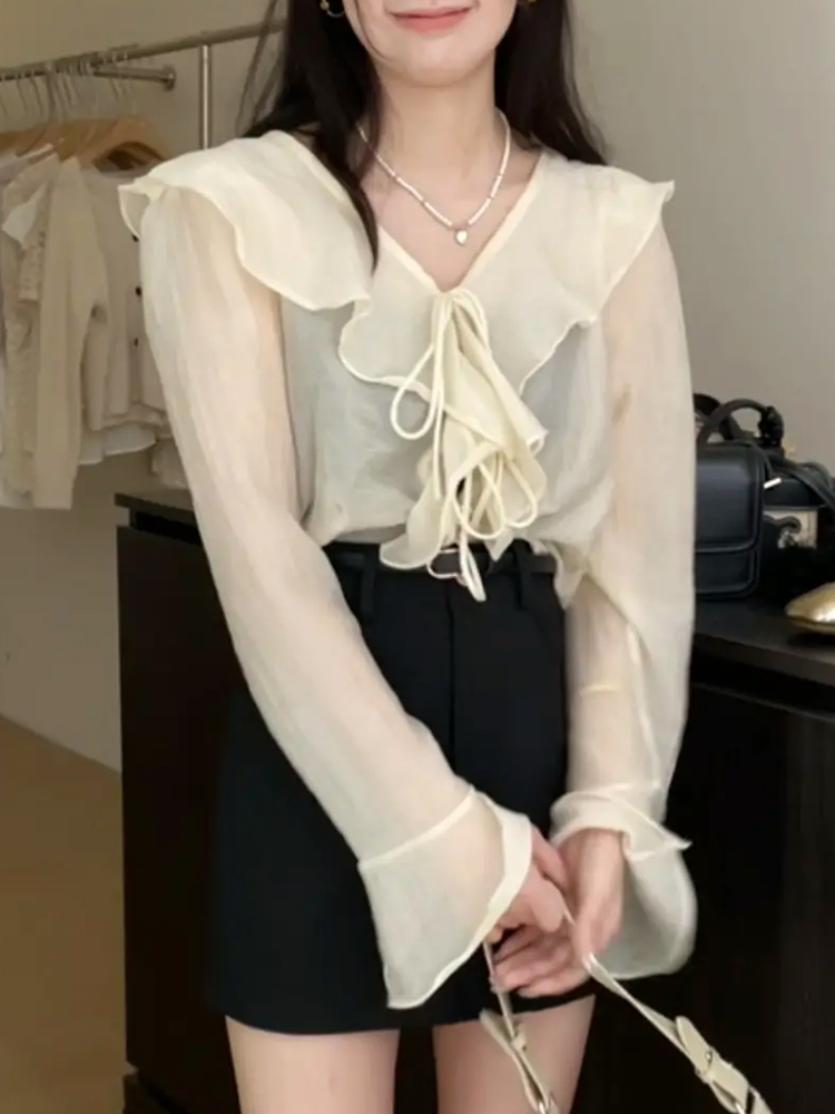 Standawon school outfits Summer Kpop Fashion Gyaru Office Lady Outfits 2 Piece Set Lace Up Flare Sleeve Crop Tops + A-line Plaid Skirts Formal Occasion