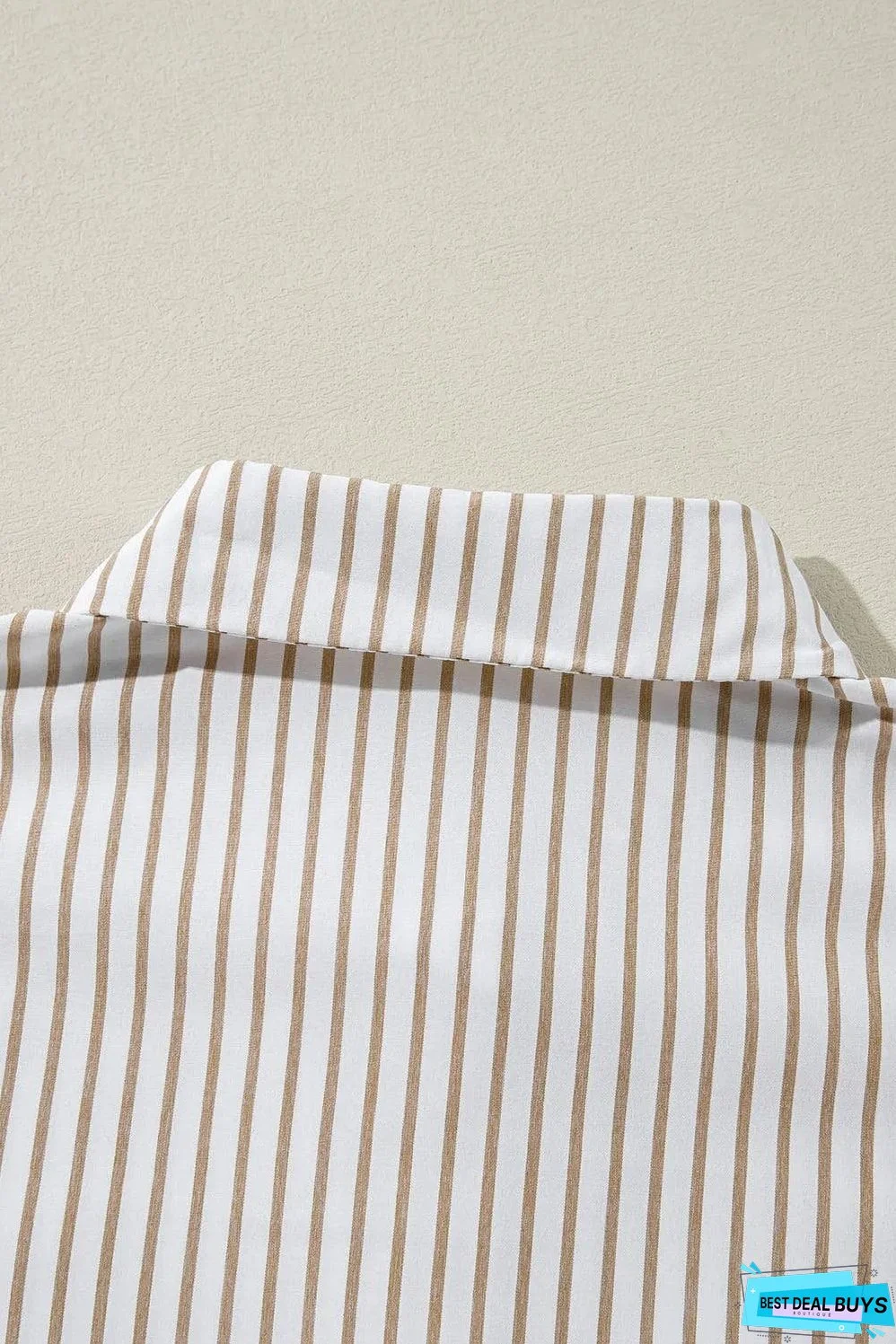 Khaki Stripe Long Sleeve Button Up Mini Shirt Dress