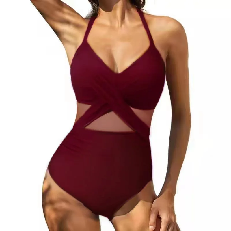 Uveng 2025 New Swimsuit Cross-Style Sexy Bare Back Mesh Splicing Body Bikini Women