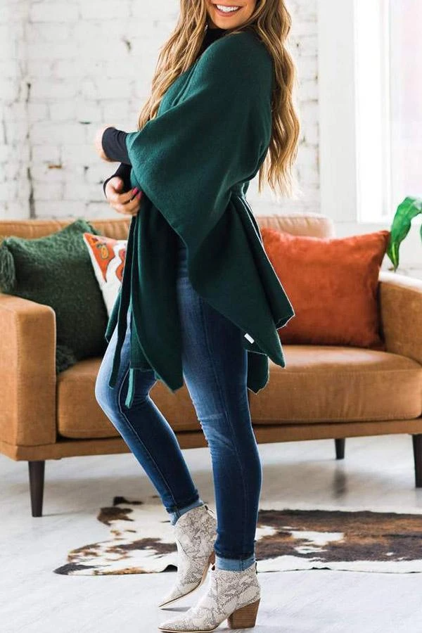 Solid Color Belt Batwing Sleeve Coat