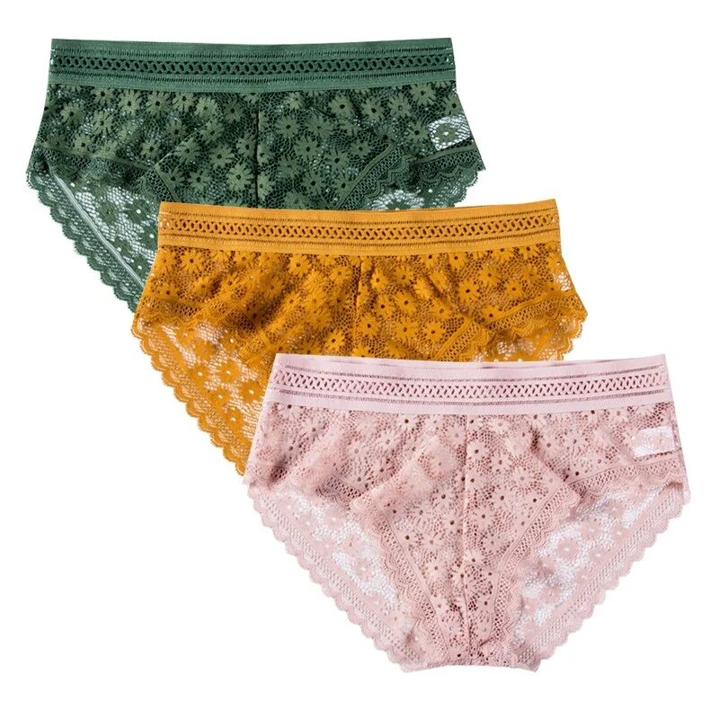 3pcs Sexy Lace Panties For Women Underwear Fashion Lingerie Breathable Hollow Out Underpants Female Low-Rise Daisy Briefs