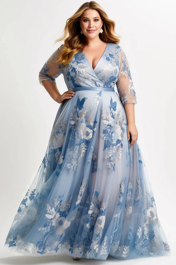Flycurvy Plus Size Mother Of The Bride Blue Floral Embroidery 3/4 Sleeve Empire Waist Maxi Dress  Flycurvy [product_label]