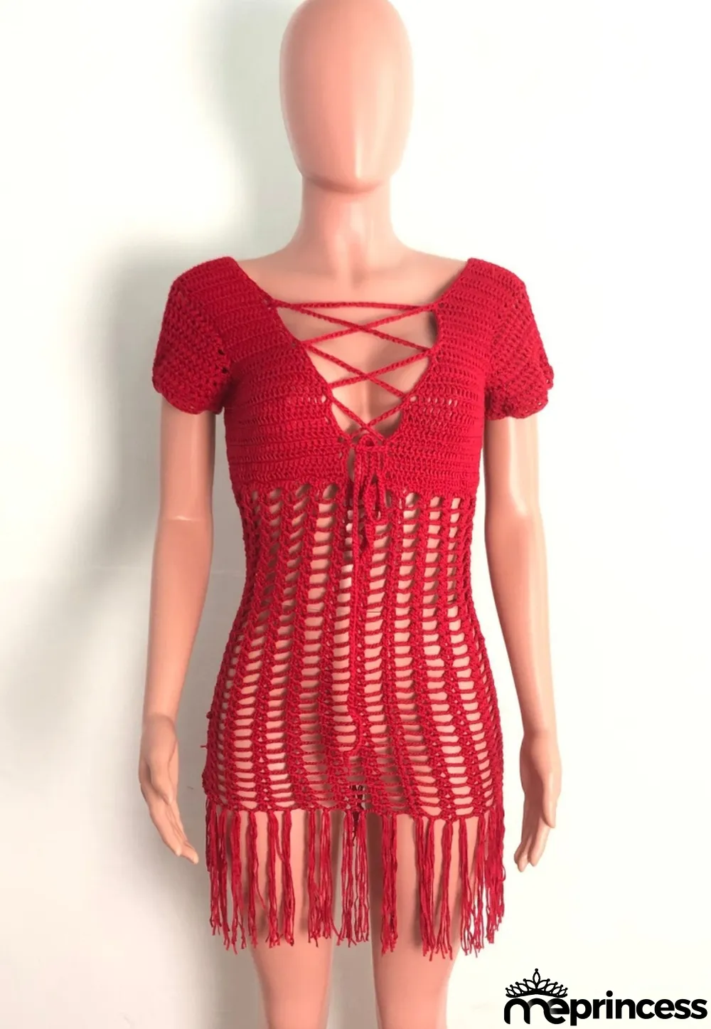 Summer Red Crochet Fringe Dress Cover-Up