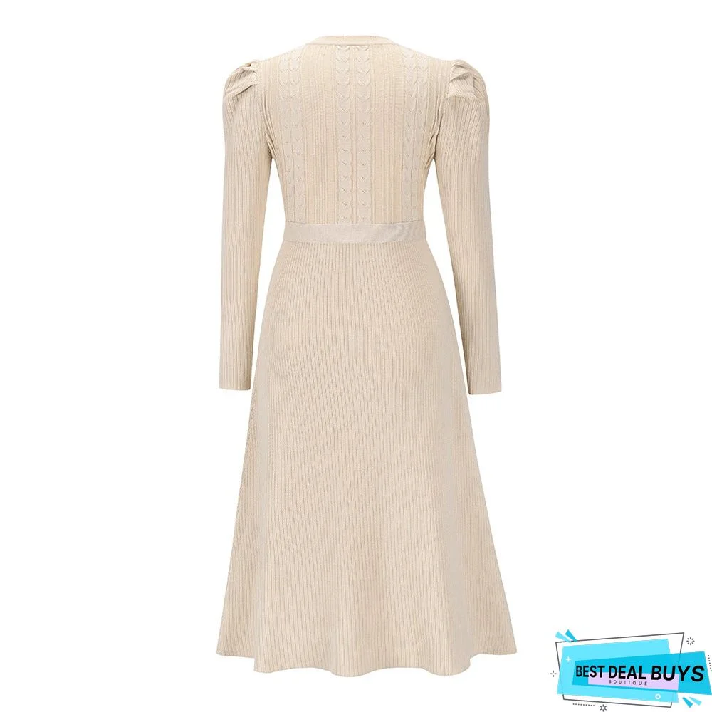 Bubble Long Sleeve Knitted Skirt Medium Long Wool Dress Black Dresses