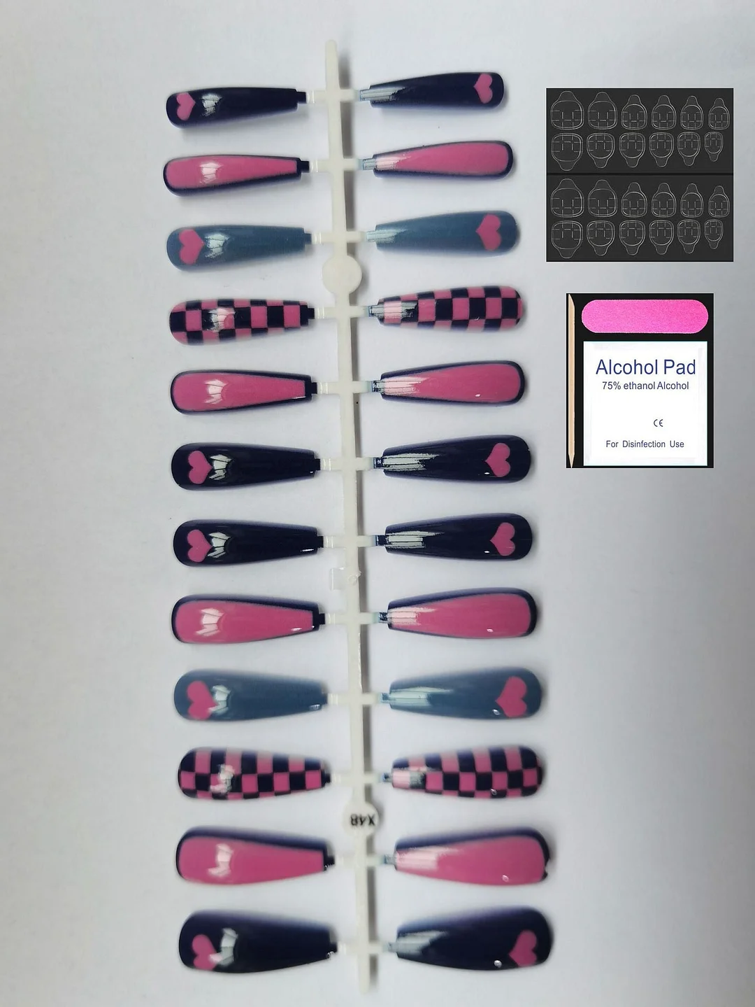 24Pcs Coffee Color With Grids Heart Designs False Nail Full Cover Fake Nails with Glue Detachable Wearable Manicure Nail Tips-Nail Inspo