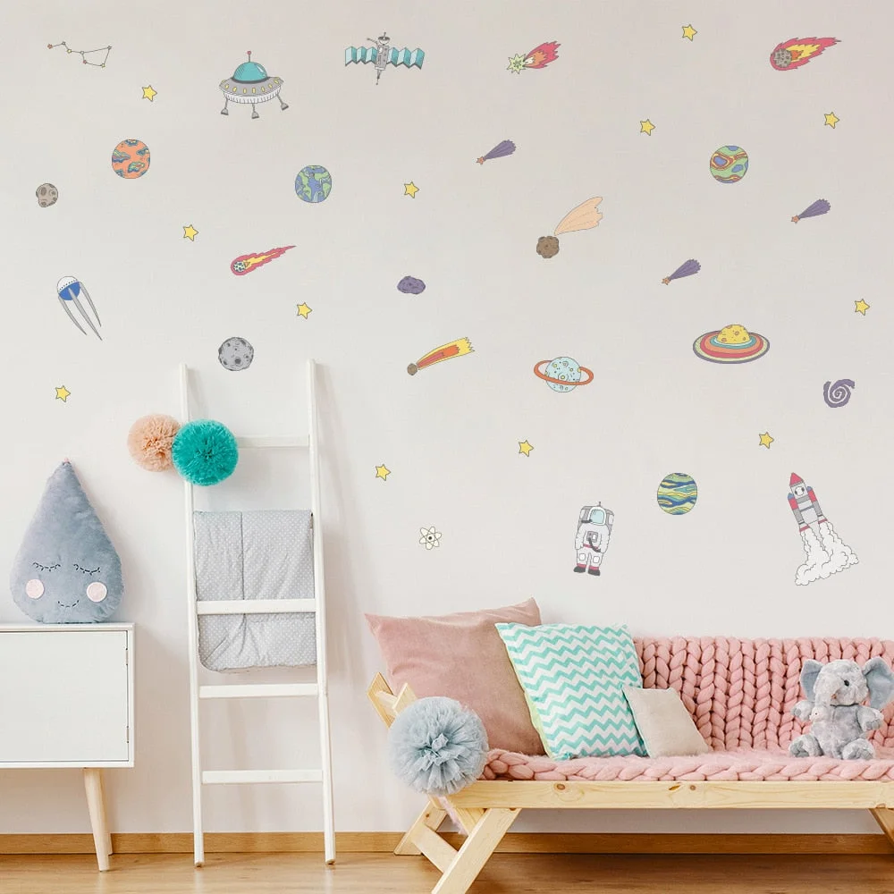 37pcs/set Space Astronaut UFO DIY Wall Sticker Fantasy Baby Children Room Mural Decals Nursery Boys Gift Art Posters Dorm Decor