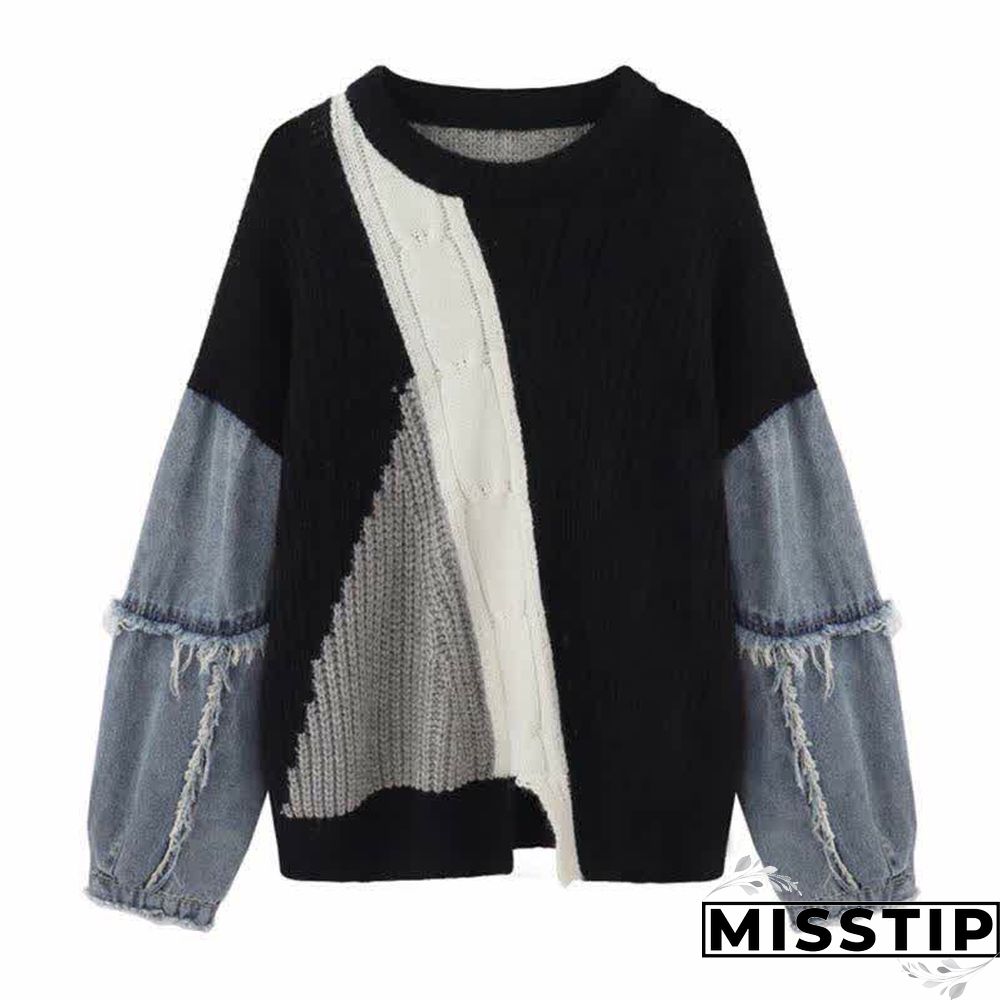 Denim Sleeve Colorblock Loose Round Collar Sweater