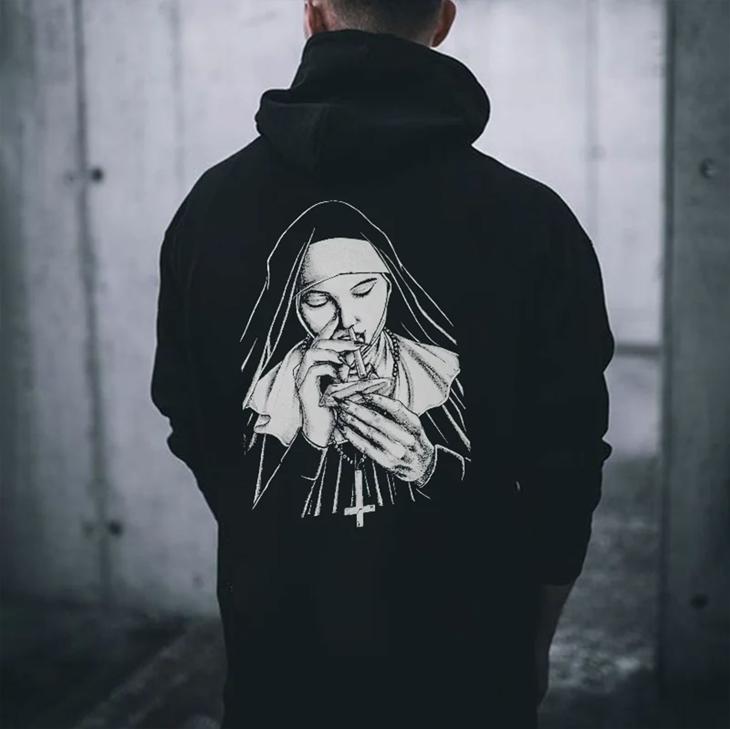 Smoking Nun Grey Pattern Graphic Causal Black Print Hoodie
