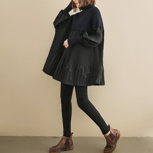 Literary Pleated High-Collar Long Sleeve T-Shirt