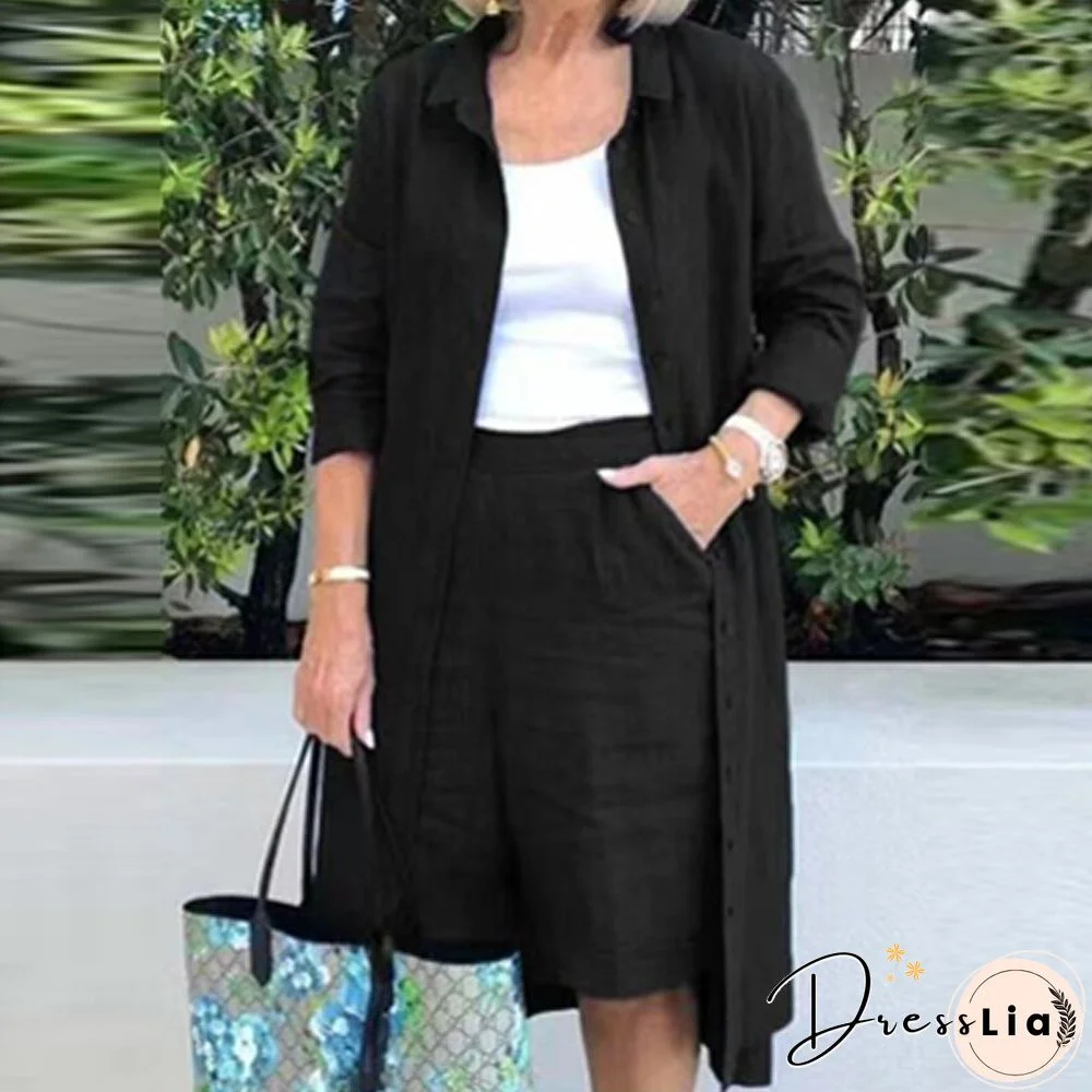 Cotton Linen Women 2Pcs Set Outfits Autumn Fashion Solid Loose  Casual Button Long Shirt Jacket+Straight Knee Shorts Suits Mujer