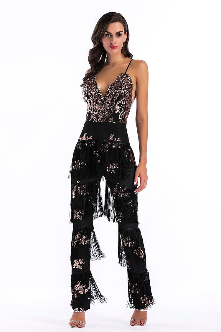 Sexy Deep V-neck Crisscross Sequined Tasseled Backless Jumpsuit - Shop Trendy Women's Clothing | LoverChic