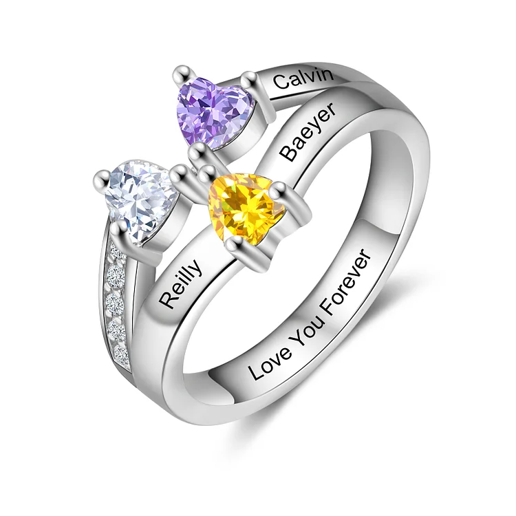 Personalized Heart Birthstone Mother Ring Custom 3 Names Promise Ring for Her