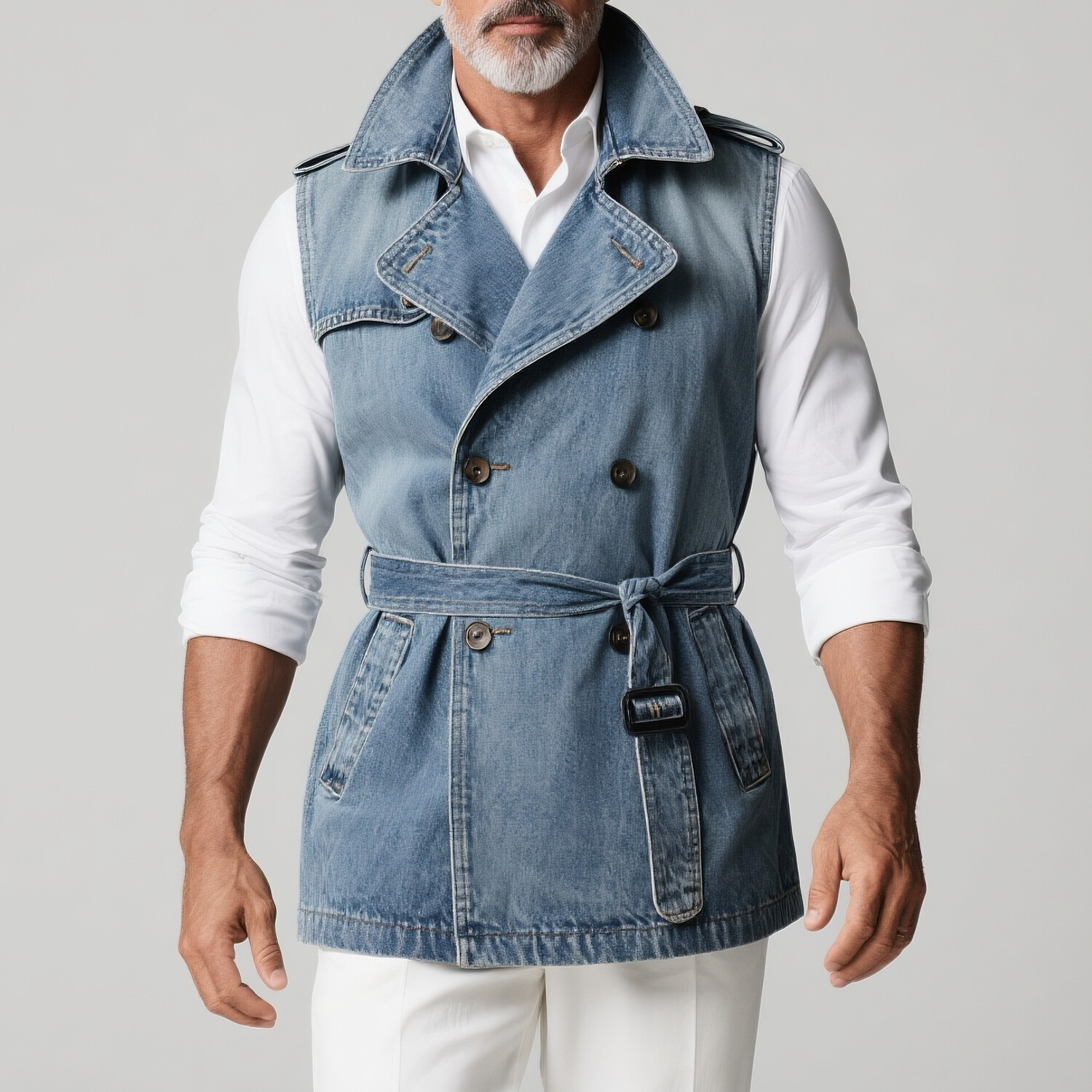 Men's Lapel Double Breasted Pockets Belt Denim Sleeveless Trench Vest