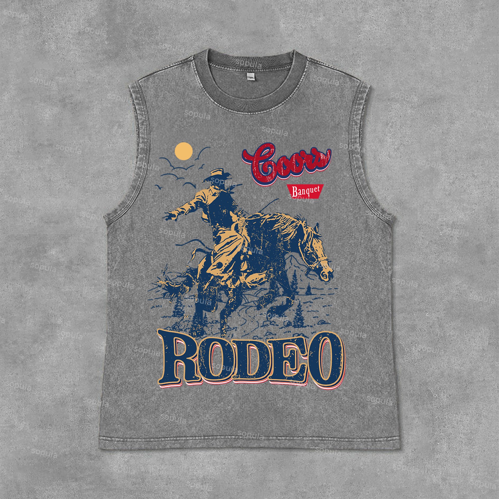 Sopula Coors Banquet Rodeo Classic Graphics Print Acid Washed Sleeveless Tank Top - SOPULA
