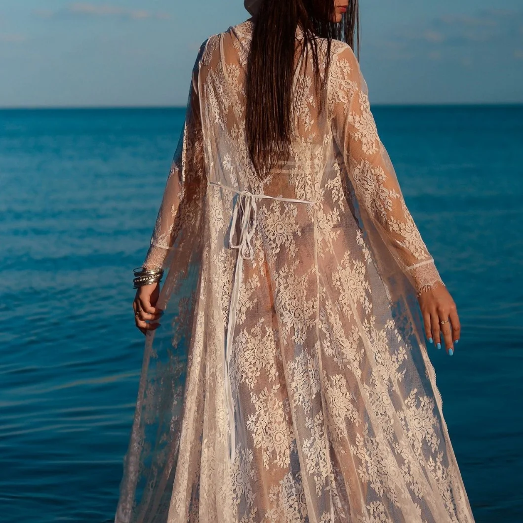 Uveng Uveng Women's Wave Lace Lace Loose Sunscreen Beach Cardigan Dress Vacation Swimsuit Smowoman