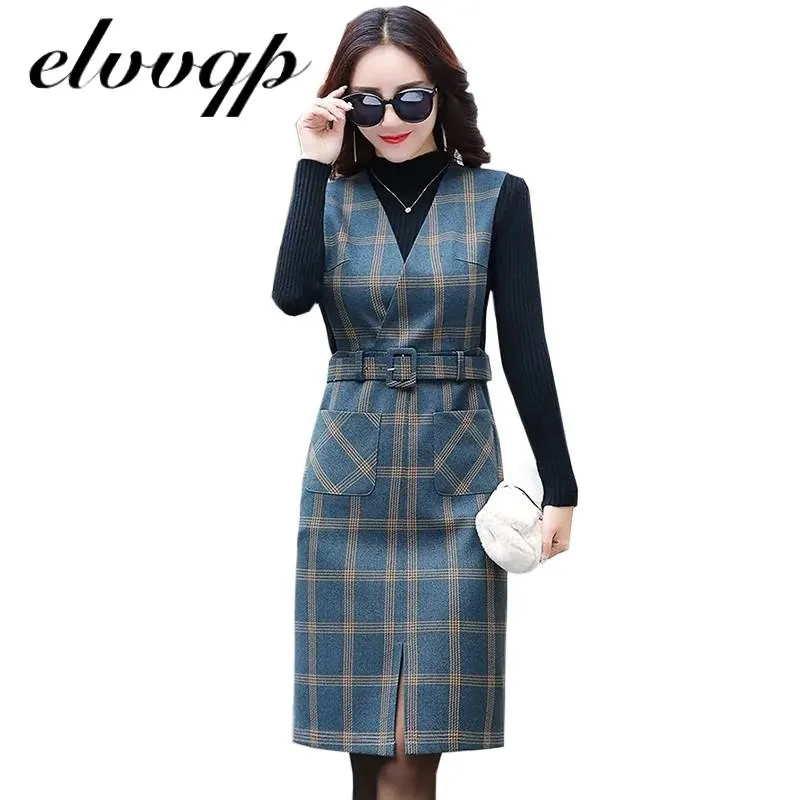 Vest Dress Women Autumn Winter V-neck Vest Dress Vintage Sleeveless Pocket Plaid Dress Female Slim Belt Office Dresses Vestidos