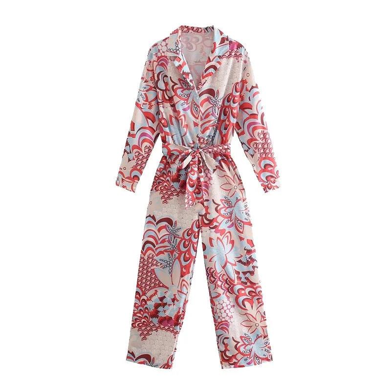 KPYTOMOA Women 2021 Chic Fashion With Sashes Totem Print Jumpsuits Vintage Long Sleeve Button-up Female Playsuits Mujer