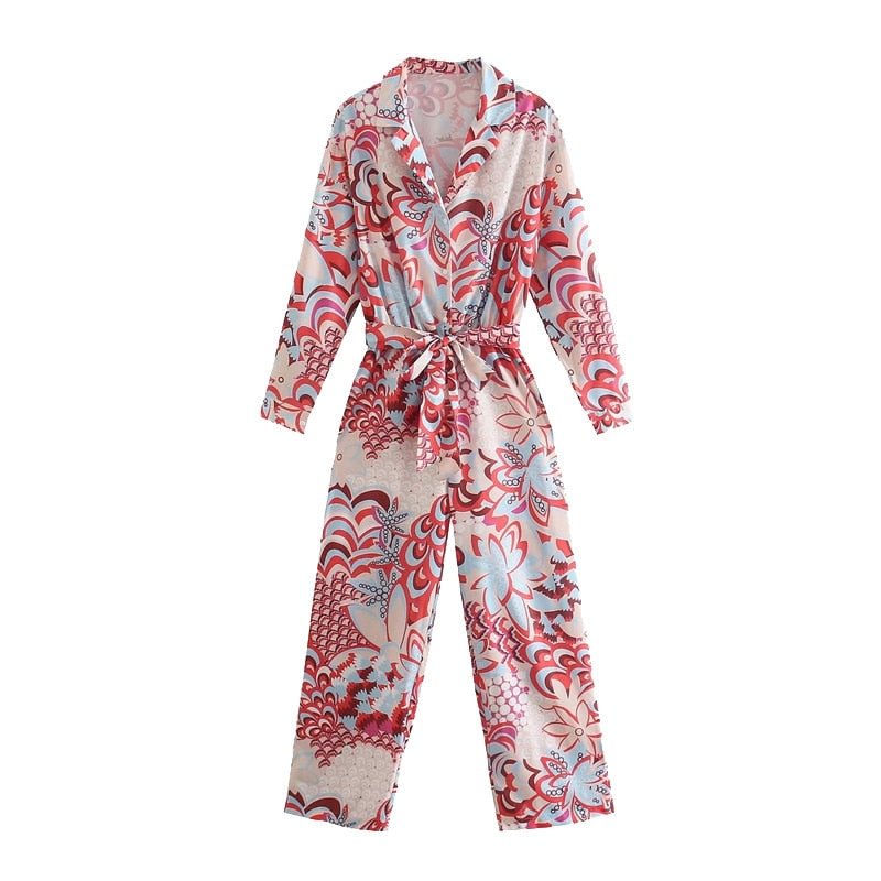 KPYTOMOA Women 2021 Chic Fashion With Sashes Totem Print Jumpsuits Vintage Long Sleeve Button-up Female Playsuits Mujer