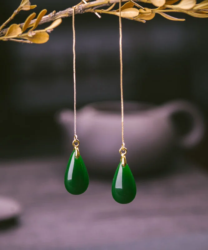Casual Gold Sterling Silver Jade Water Drops Drop Earrings