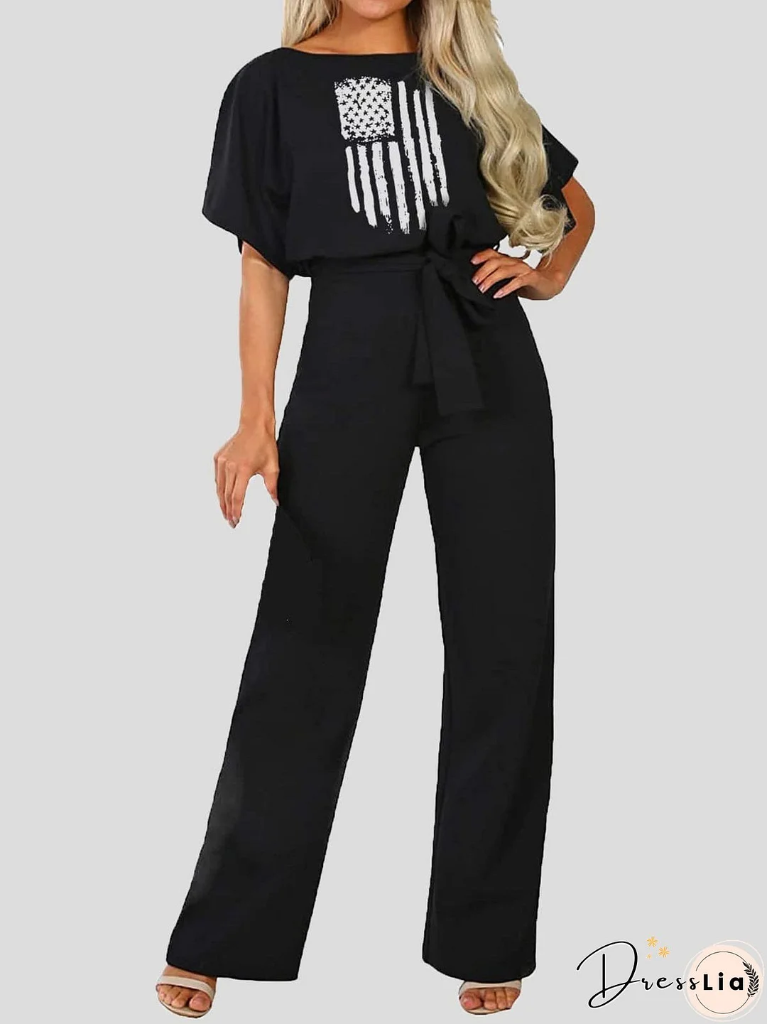 Jumpsuits Printed Belted Short Sleeve Casual Jumpsuit for Women