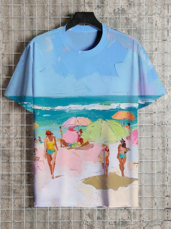 Men's Oil Painting Vacation Beach Print Casual T-Shirt