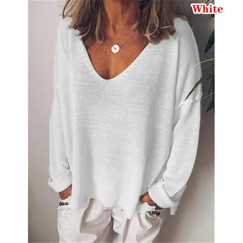 Brownm V-neck Pullover Cotton Solid Color Long Sleeve Women's T-shirt