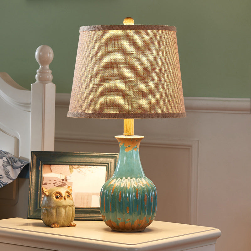 Traditional Vintage Cylindrical Round Table Bottle Vertical Ceramic Fabric 1-Light Table Lamp For Bedroom mysite