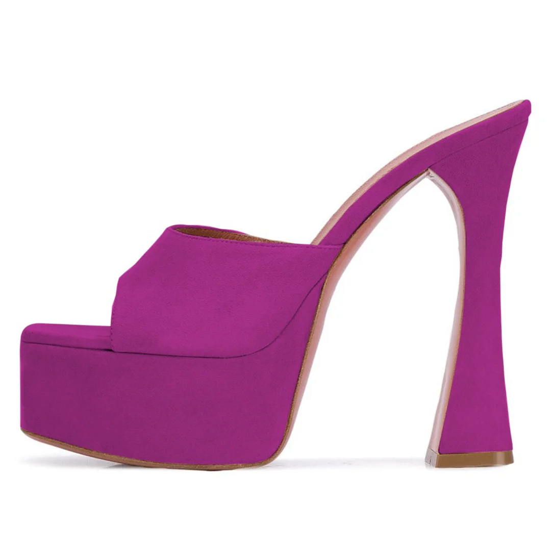 Wide Strap Square Toe Purple Platform Flared High Heeled Mules