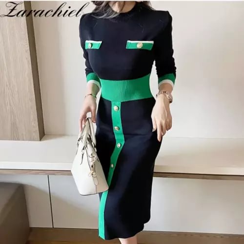 pornhint Pornhint Autumn Winter Korean Contrast Color Sweater Dress Women Elegant Long Sleeve Butt New