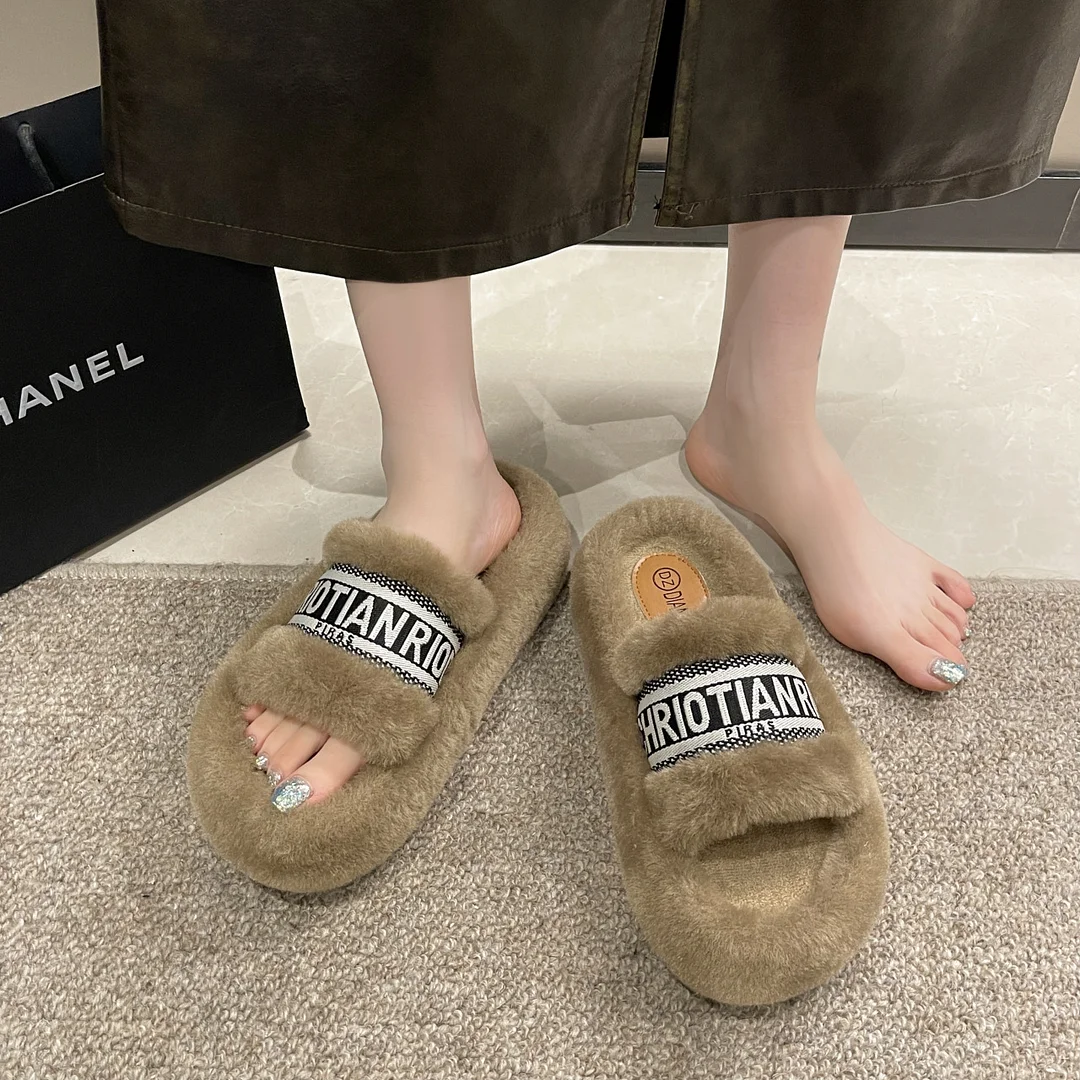 Yyvonne Sense Of Niche Fur Slippers Women Wear 2025 Autumn New Thick Background Warm Anti-Slip Home Word Drag