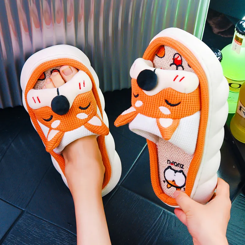 Yyvonne New Fashion Linen Slippers Women Cute Squirrel Home Platform Slippers Comfort Cartoon Couple Ladies Slides Free Shipping