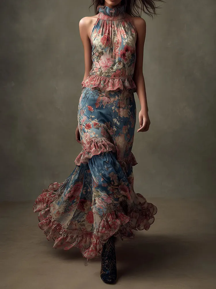 Bohemian Floral Print High-neck Halter Neck Pleated Ruffle Maxi Dress
