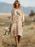 Women's Vintage Boho Roses And Birds Art Casual Dress