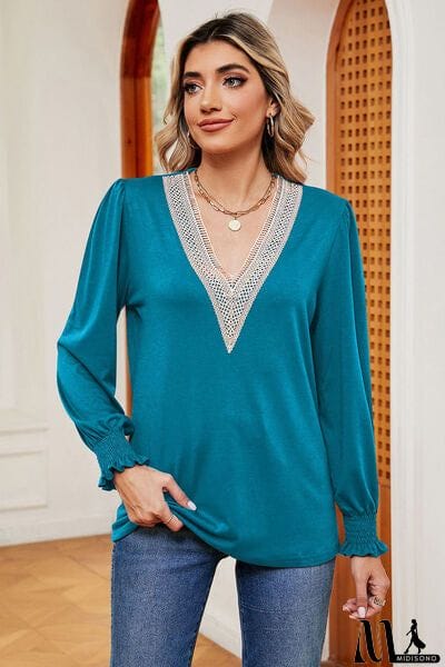 MidiSono - Lace Detail V-Neck Lantern Sleeve T-Shirt
