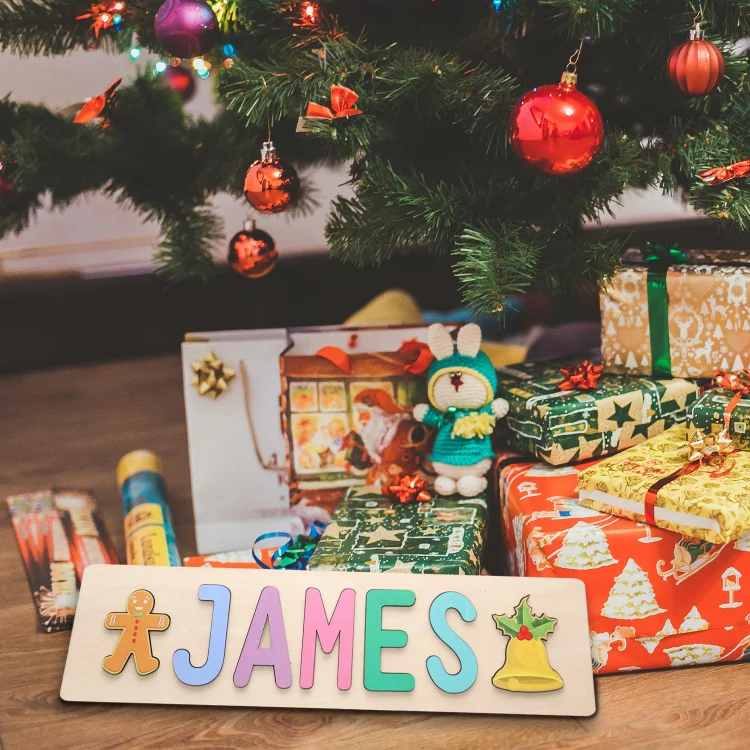 Kettenmachen Weihnachtsthema Holz Puzzle-Personalisiertes 1 Name Weihnachten Schelle Pfefferkuchen Puzzle Geschenk für Vorschulkinder