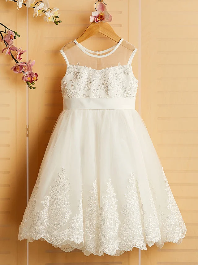 Hellodresses Sleeveless Jewel Neck Flower Girl Dresses Satin Tulle With Bows Belt Beading