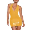 Plus Size Women Beach Party Vocation Halter Dress PVC Leather Deep V-neck Sleeveless Stretch Mini Dress Sexy Wrap Hips  Attire