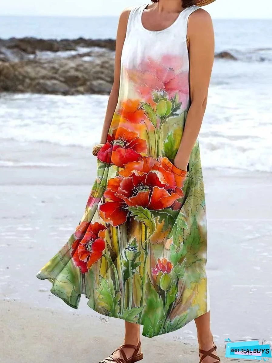 Round Neck Printed Cotton Linen Sleeveless Dress