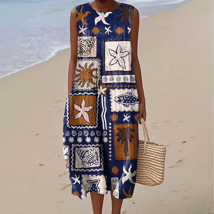 Women's Vintage Starfish Art Print Sleeveless Cotton Pocket Wrap Dress