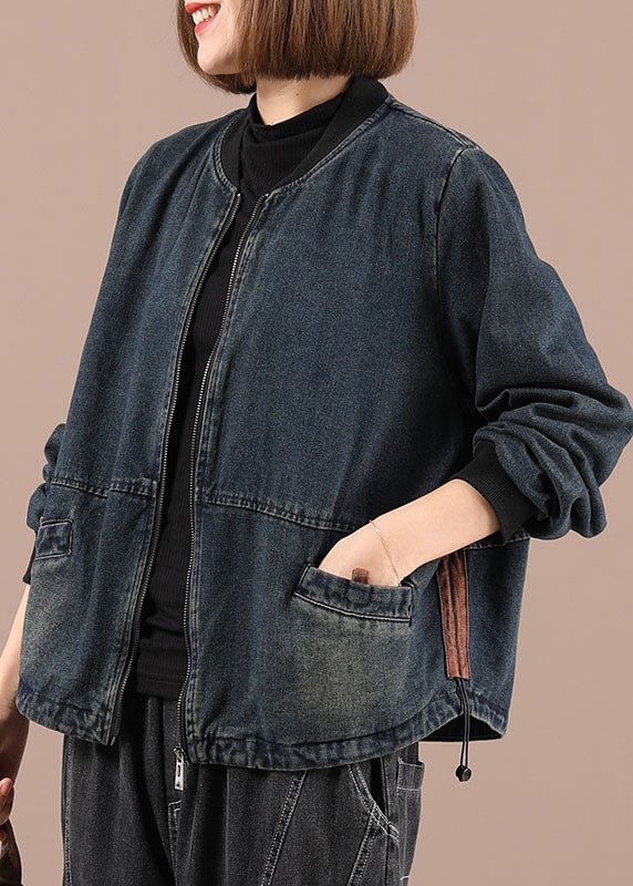 Plus Size Blue Loose Zippered Pockets Fall Denim Long sleeve Jackets CK3022- Fabulory