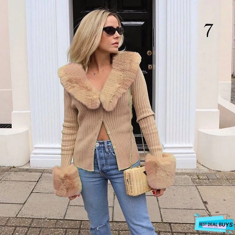 Fantoye Knitted Sexy Detachable Fur Collar Women Sweater Brown Cardigans O Neck Single-breasted Sweater Fashion Solid Slim Tops